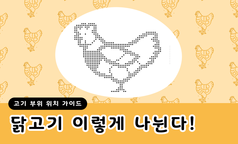닭의 몸에 고기 부위별 영역이 나뉘어 있다.