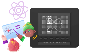 왼쪽에 원소 기호를 가르치는 캐릭터 일러스트, 오른쪽에는 점자로 된 원소 기호 설명이 그려진 닷패드 이미지