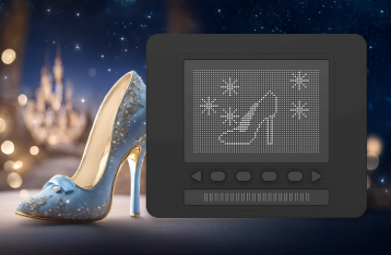 반짝이는 유리 구두가 있는 배경에 닷패드에 반짝임 효과와 함께 구두가 그려진 이미지