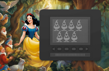 백설공주와 난장이 동화 배경에 닷 패드에 일곱 명의 난장이가 그려진 이미지