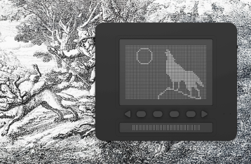 양치기 소년의 동화 이미지가 배경으로 들어가 있고, 닷패드에 늑대가 달을 보며 울고 있는 이미지