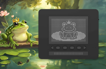 개구리가 앉아 있는 사진 배경이 있고, 닷 패드에 개구리 왕자가 웃고 있는 모습으로 그려져 있다.