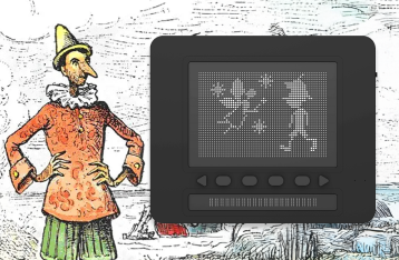 허리춤에 손을 얹은 피노키오 그림이 있고, 닷 패드에 천사와 피노키오 옆모습이 그려져 있다.