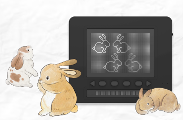 여러 가지 토끼 그림이 그려져 있는 배경에 닷 패드에 토끼 네 마리가 그려져 있는 이미지g