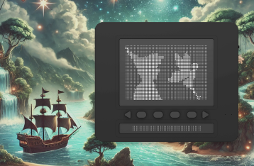 피터팬 동화 중 원더랜드 배경이 있고, 닷 패드에 팅커벨과 피터팬의 옆모습이 그려져 있는 이미지